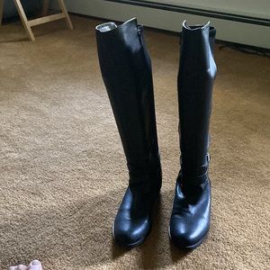 Alfani womens leather boots, side zipper, stretch material in back.